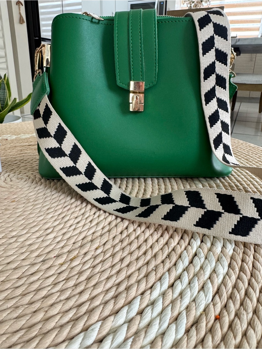 Green Crossbody Bag with Black & White Strap
